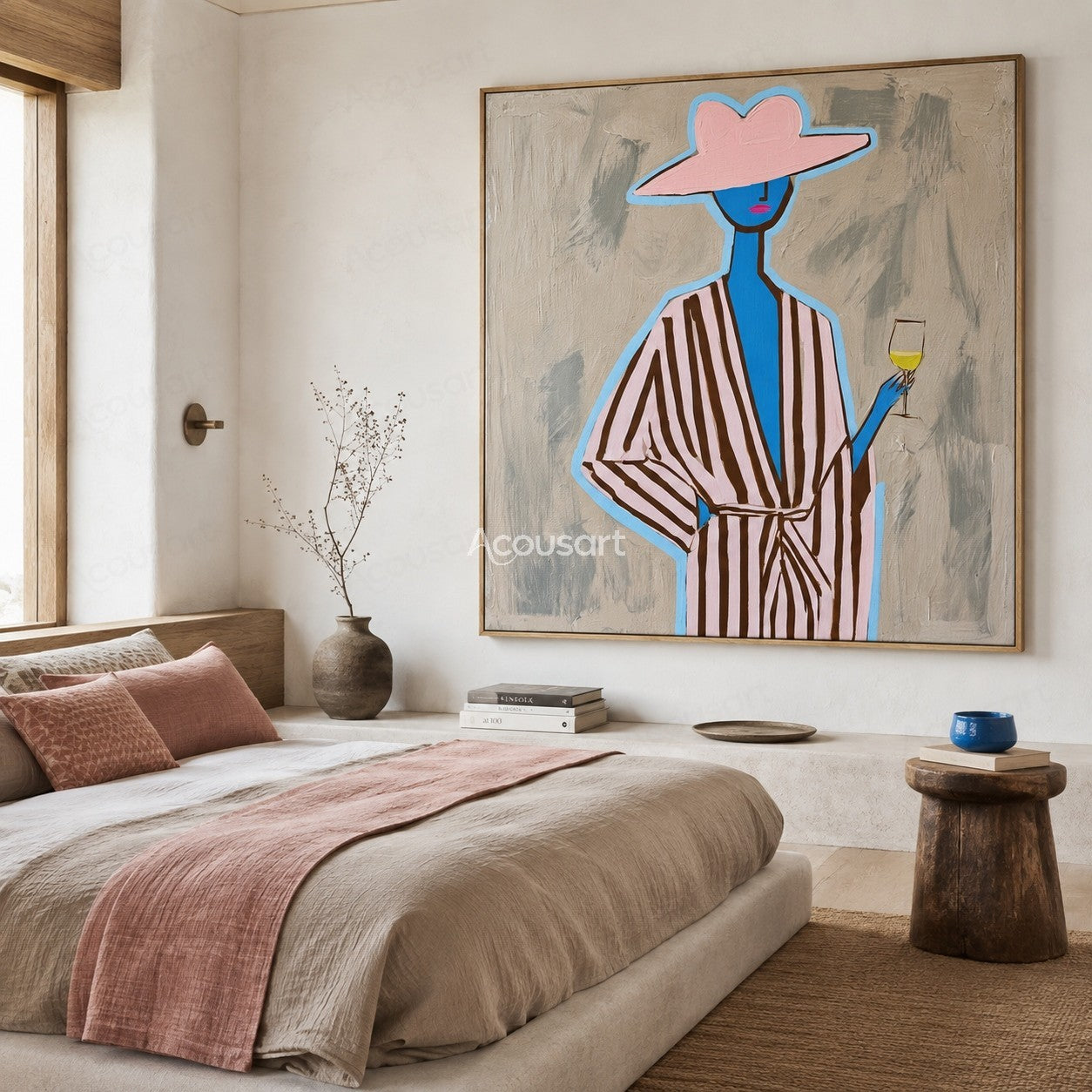 Colorful minimalist woman portrait wall art with pink hat striped outfit and glass