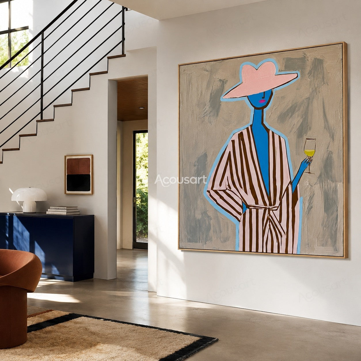 Colorful minimalist woman portrait wall art with pink hat striped outfit and glass