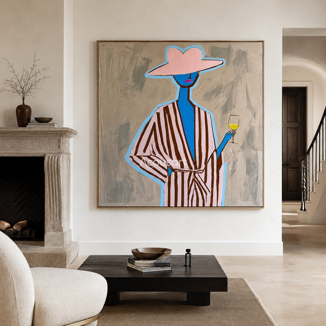 Colorful minimalist woman portrait wall art with pink hat striped outfit and glass
