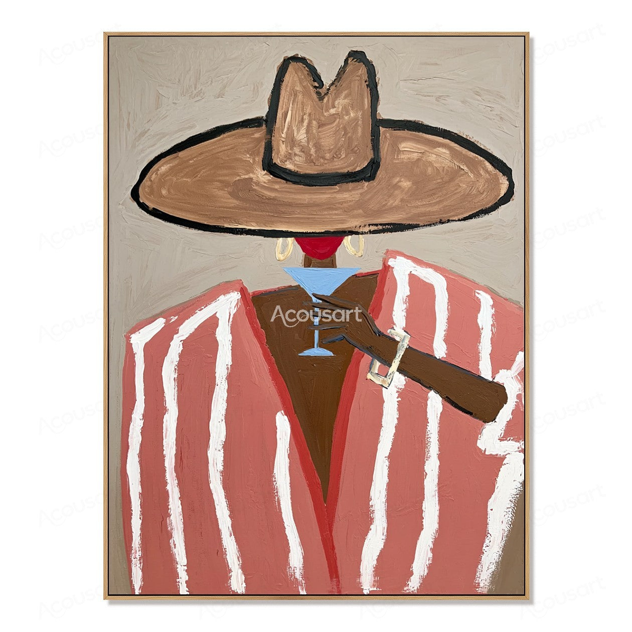 Minimalist cowgirl portrait wall art with pink striped blazer, tan hat, and cocktail glass