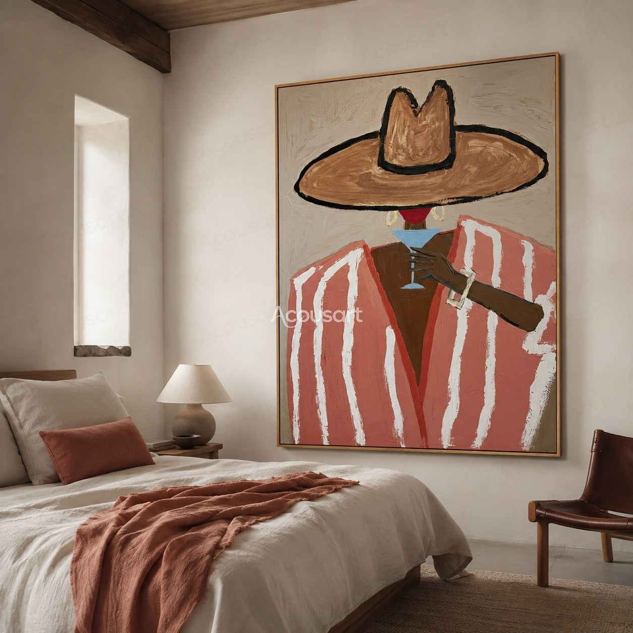 Minimalist cowgirl portrait wall art with pink striped blazer, tan hat, and cocktail glass