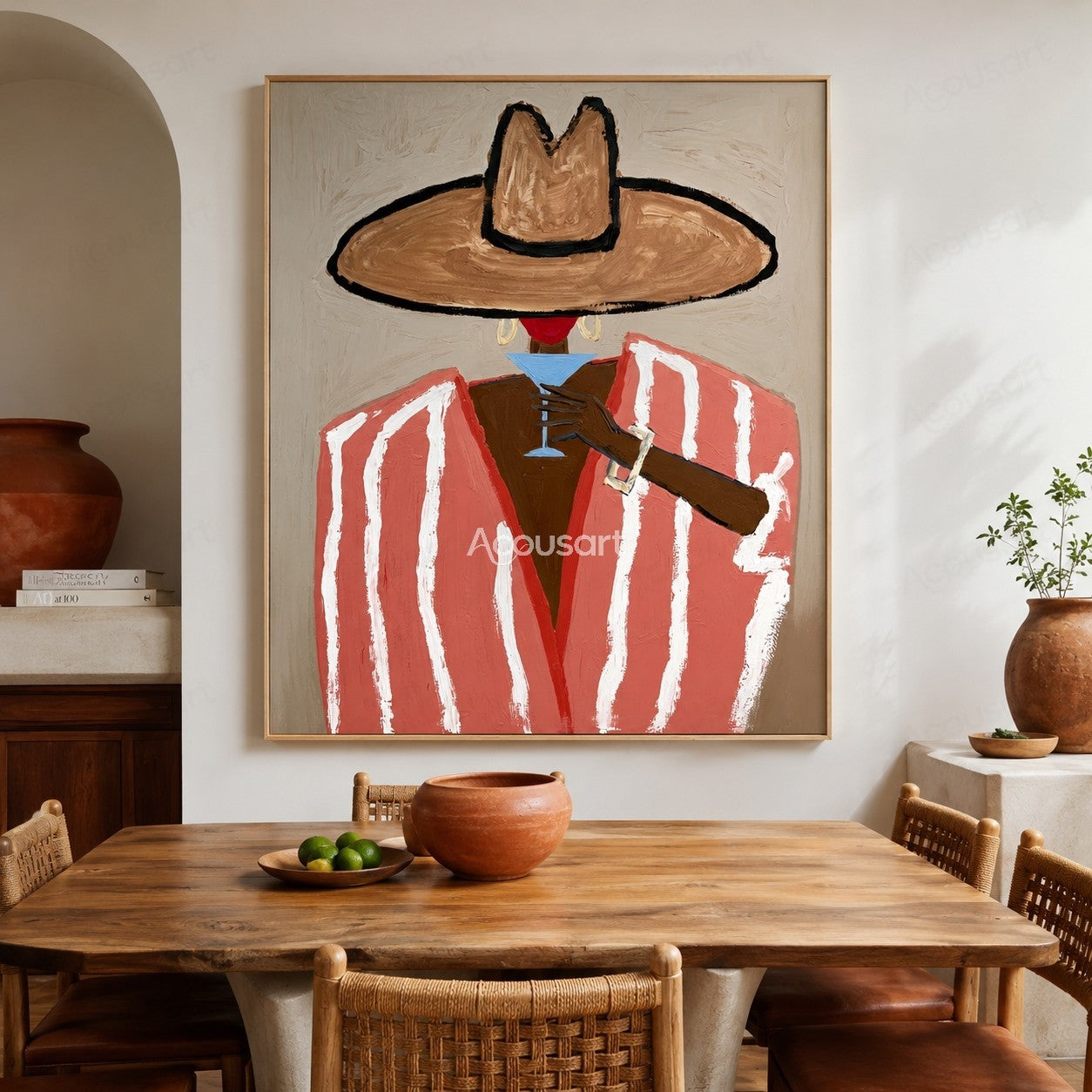 Minimalist cowgirl portrait wall art with pink striped blazer, tan hat, and cocktail glass