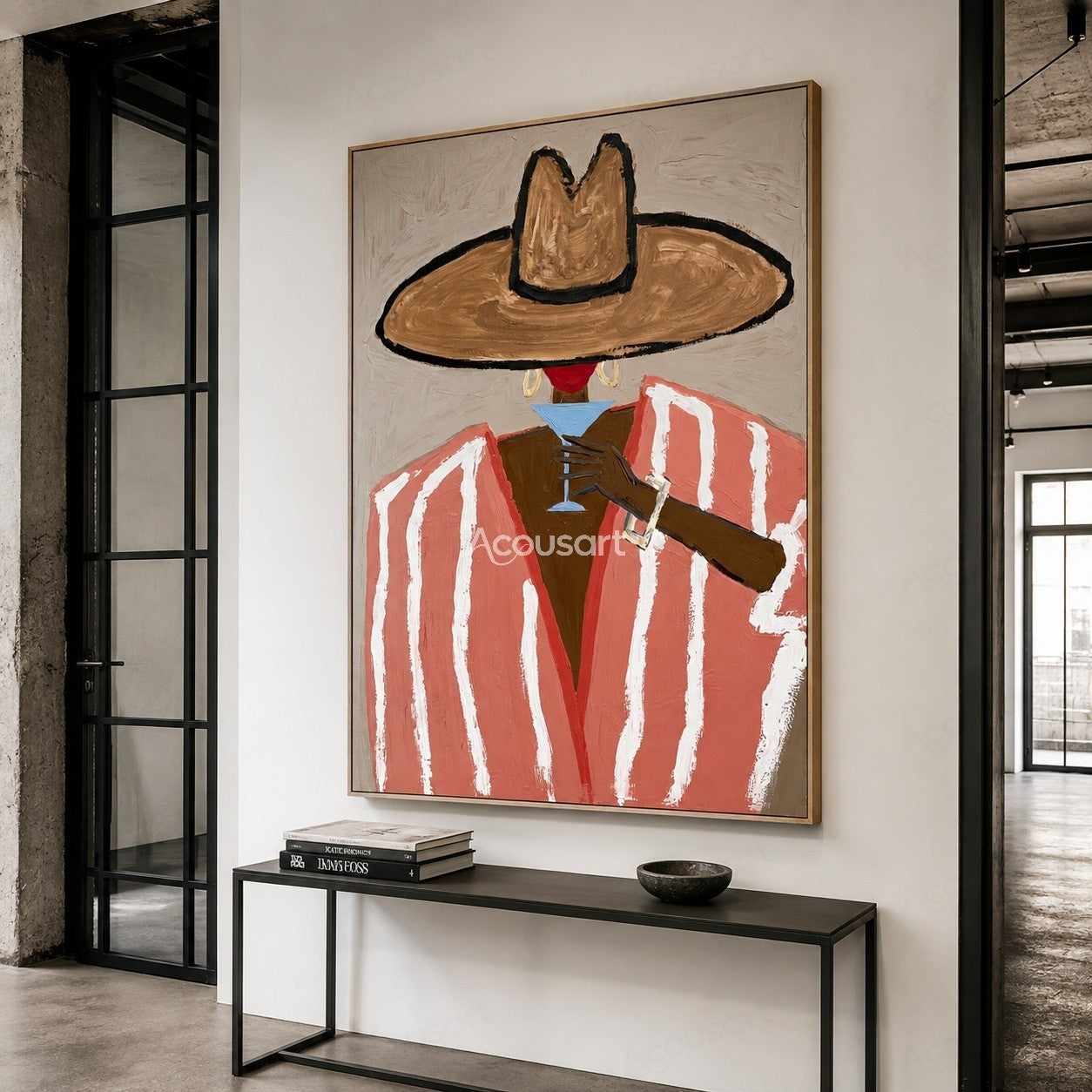 Minimalist cowgirl portrait wall art with pink striped blazer, tan hat, and cocktail glass