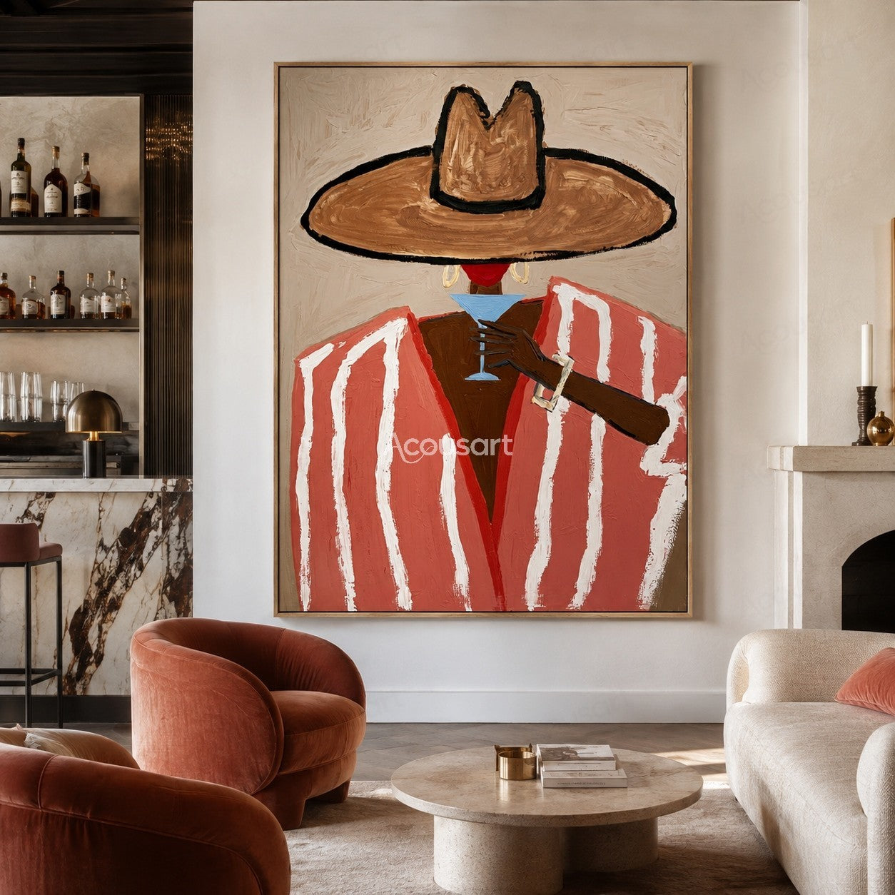 Minimalist cowgirl portrait wall art with pink striped blazer, tan hat, and cocktail glass