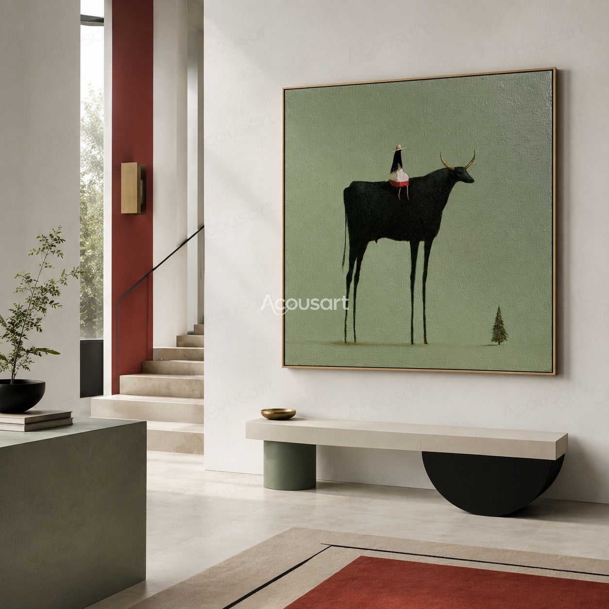 Minimalist western wall art featuring a black longhorn cow with small rider on a sage green background