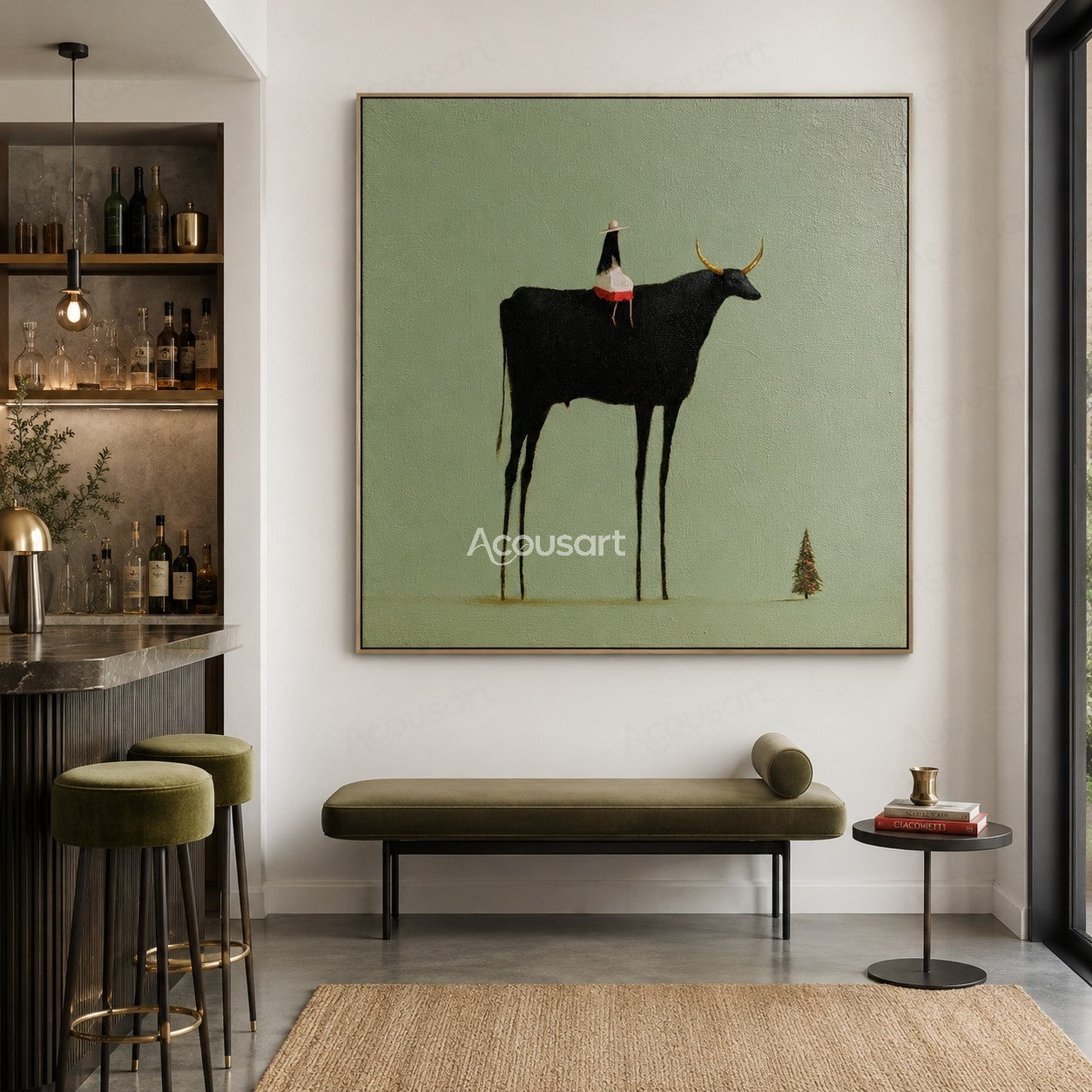 Minimalist western wall art featuring a black longhorn cow with small rider on a sage green background