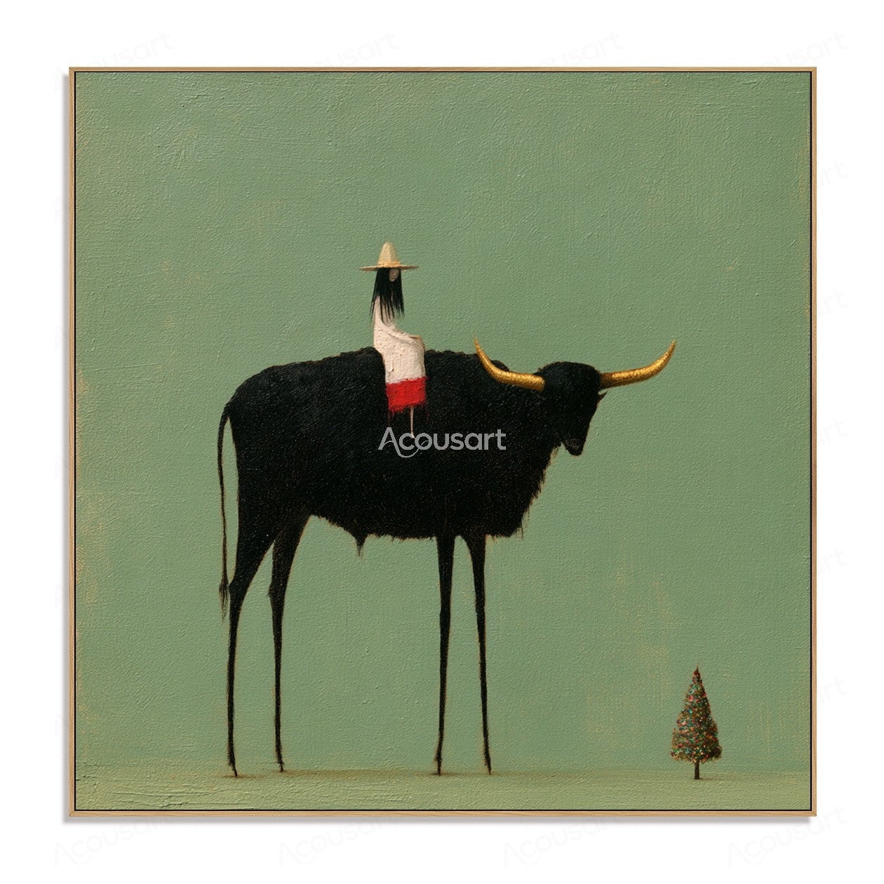 Minimalist longhorn cow wall art with small rider, golden horns, sage green background, and tiny tree