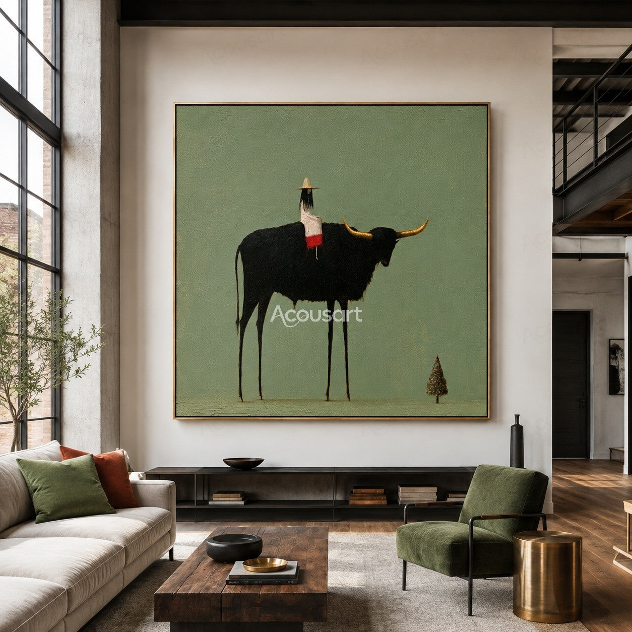 Minimalist longhorn cow wall art with small rider, golden horns, sage green background, and tiny tree