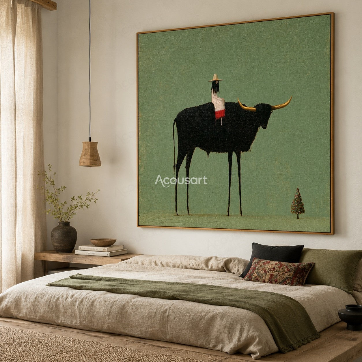Minimalist longhorn cow wall art with small rider, golden horns, sage green background, and tiny tree
