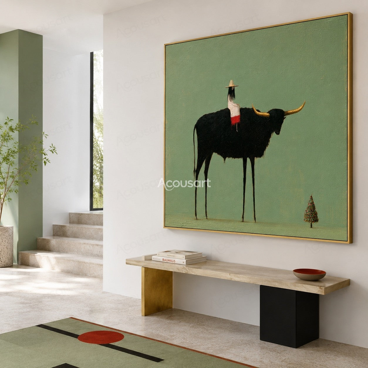 Minimalist longhorn cow wall art with small rider, golden horns, sage green background, and tiny tree