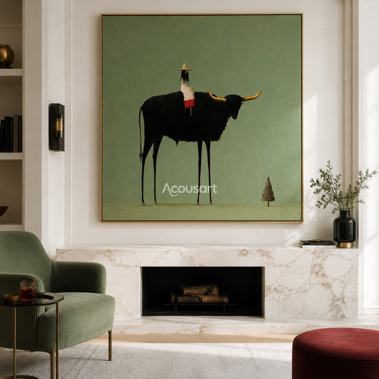 Minimalist longhorn cow wall art with small rider, golden horns, sage green background, and tiny tree