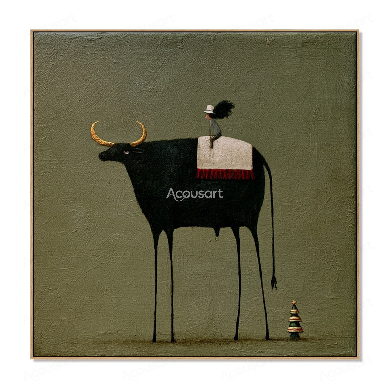 Minimalist black longhorn cow wall art with small rider, golden horns, green background, and tiny tree