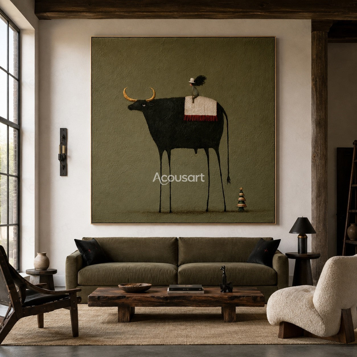 Minimalist black longhorn cow wall art with small rider, golden horns, green background, and tiny tree