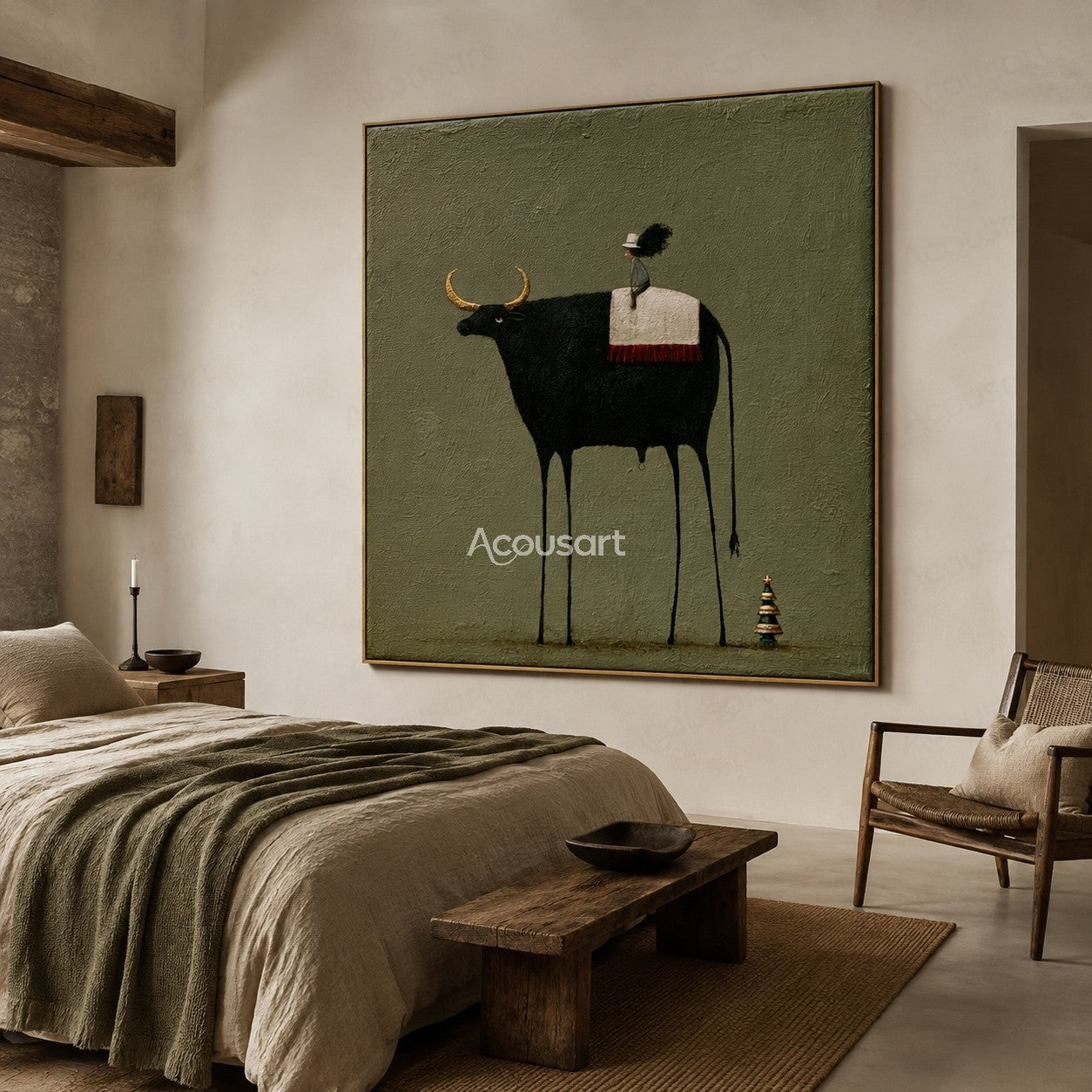 Minimalist black longhorn cow wall art with small rider, golden horns, green background, and tiny tree