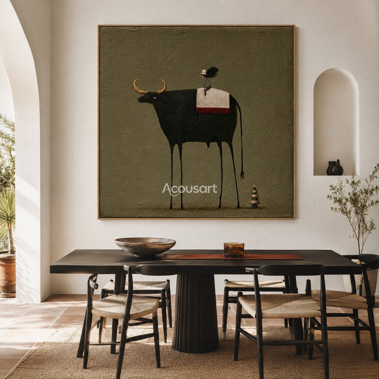 Minimalist black longhorn cow wall art with small rider, golden horns, green background, and tiny tree