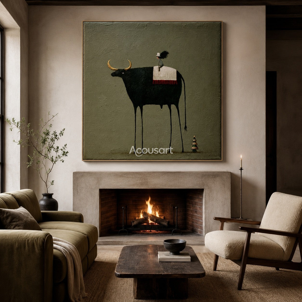 Minimalist black longhorn cow wall art with small rider, golden horns, green background, and tiny tree