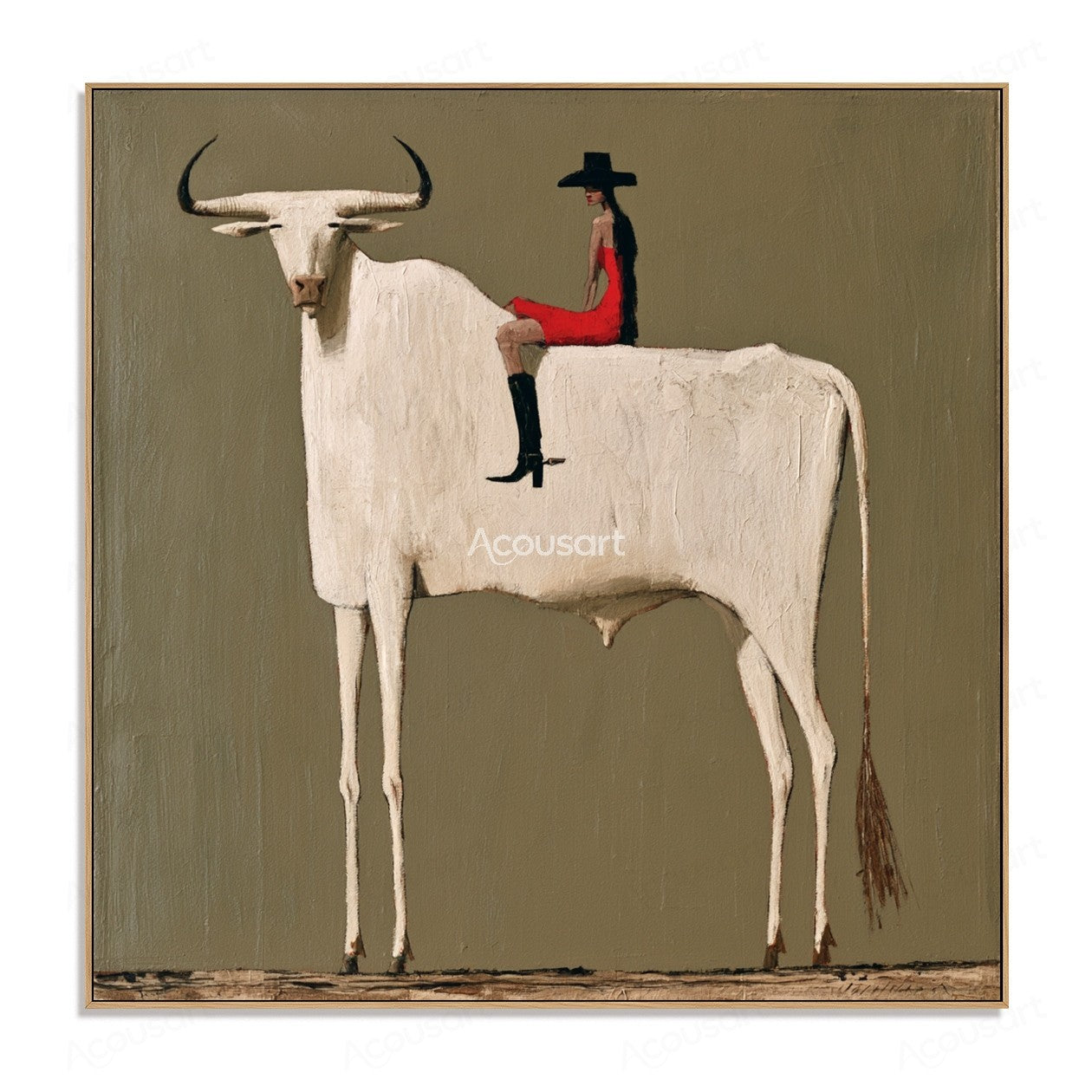 Minimalist white longhorn cow wall art with rider in red outfit and black hat on olive green background