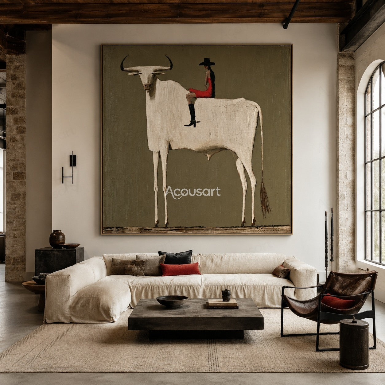 Minimalist white longhorn cow wall art with rider in red outfit and black hat on olive green background