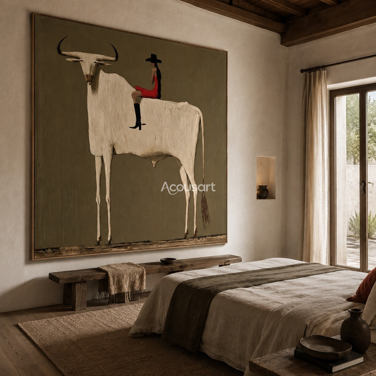 Minimalist white longhorn cow wall art with rider in red outfit and black hat on olive green background