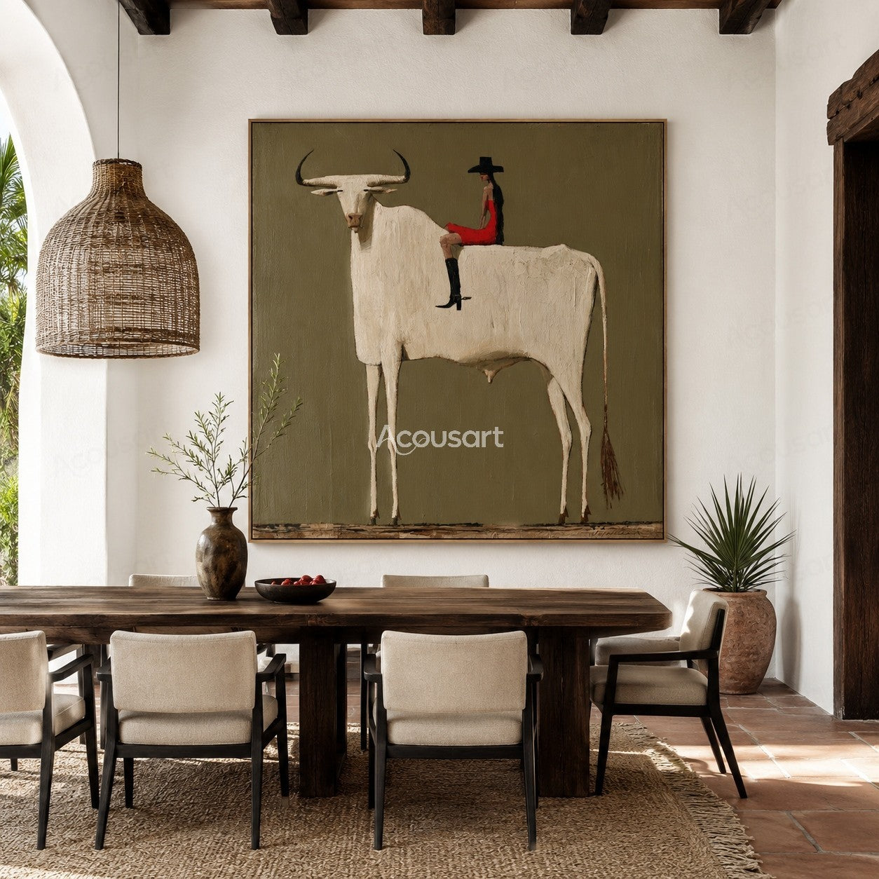 Minimalist white longhorn cow wall art with rider in red outfit and black hat on olive green background