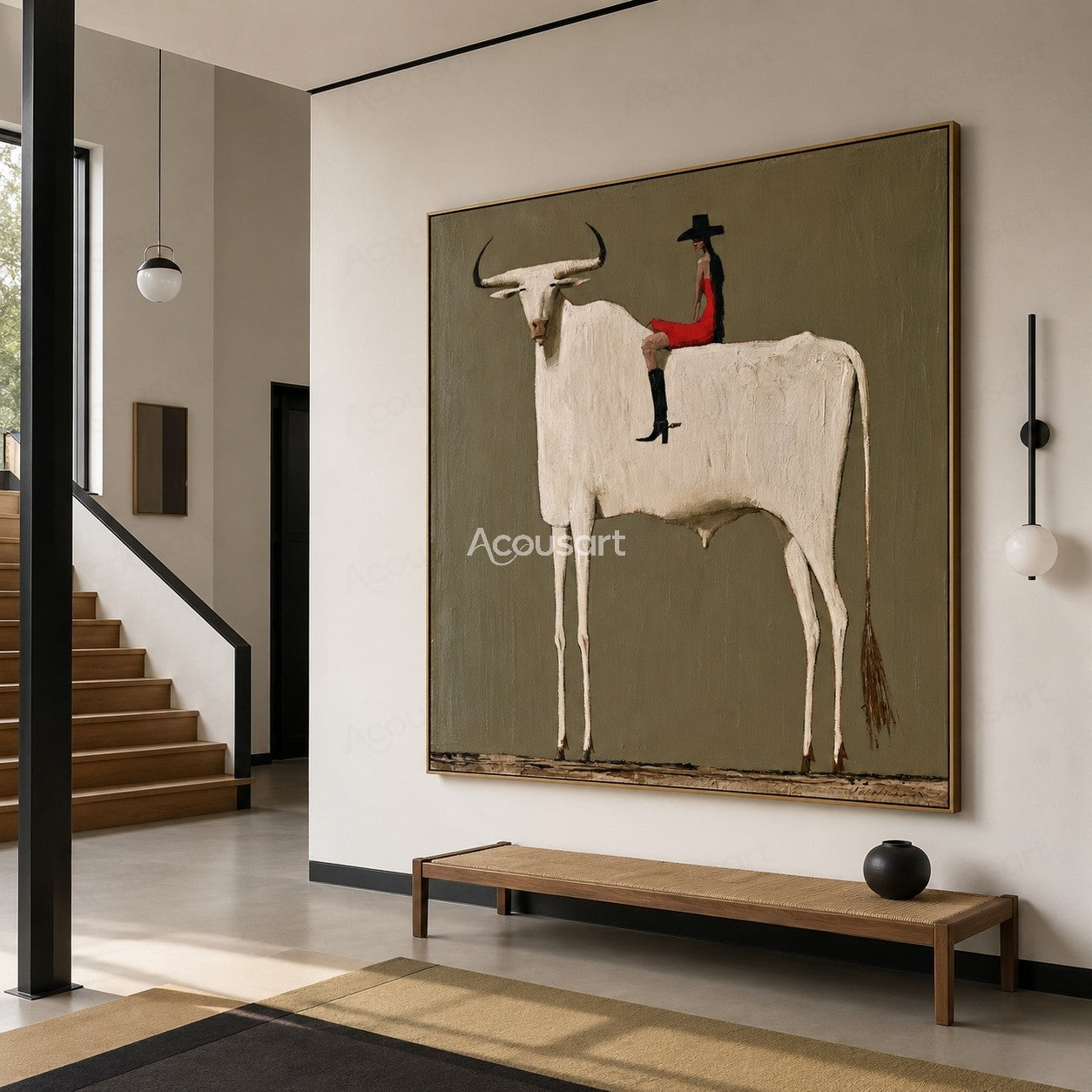 Minimalist white longhorn cow wall art with rider in red outfit and black hat on olive green background