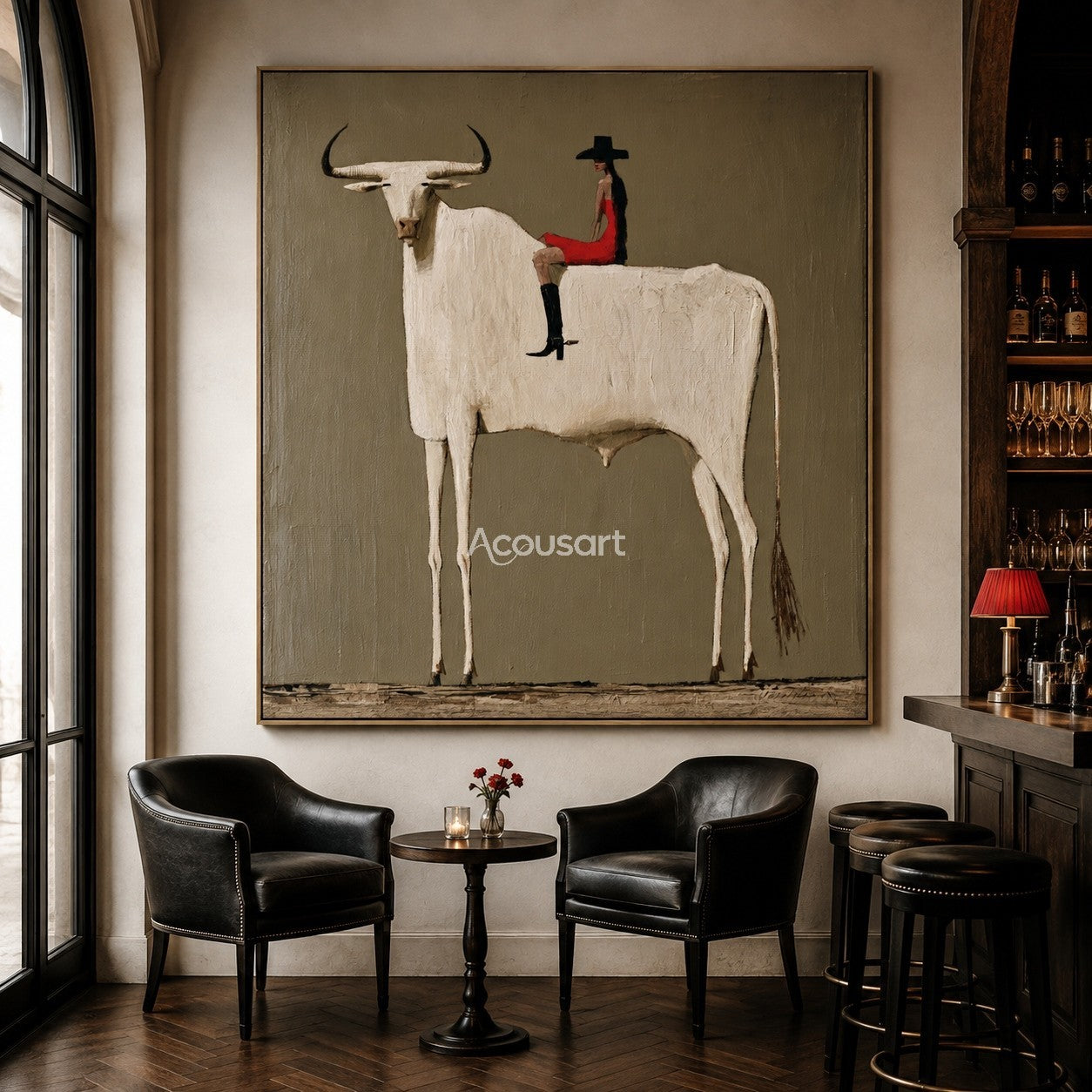 Minimalist white longhorn cow wall art with rider in red outfit and black hat on olive green background