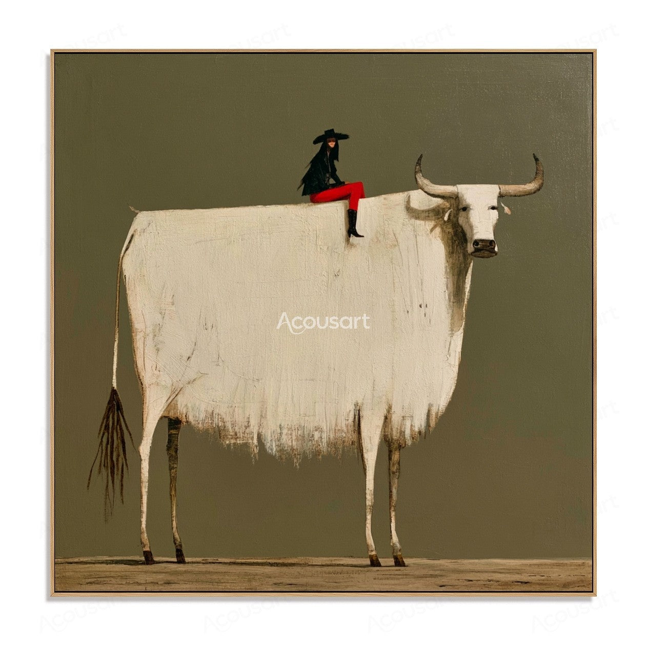 Minimalist white longhorn cow wall art with rider in red outfit and black hat on olive green background
