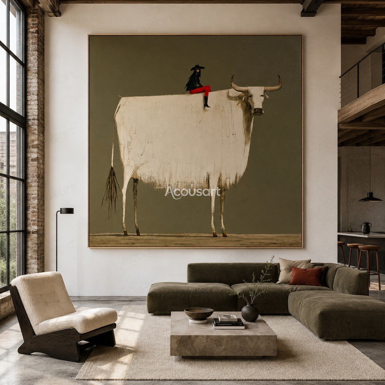 Minimalist white longhorn cow wall art with rider in red outfit and black hat on olive green background