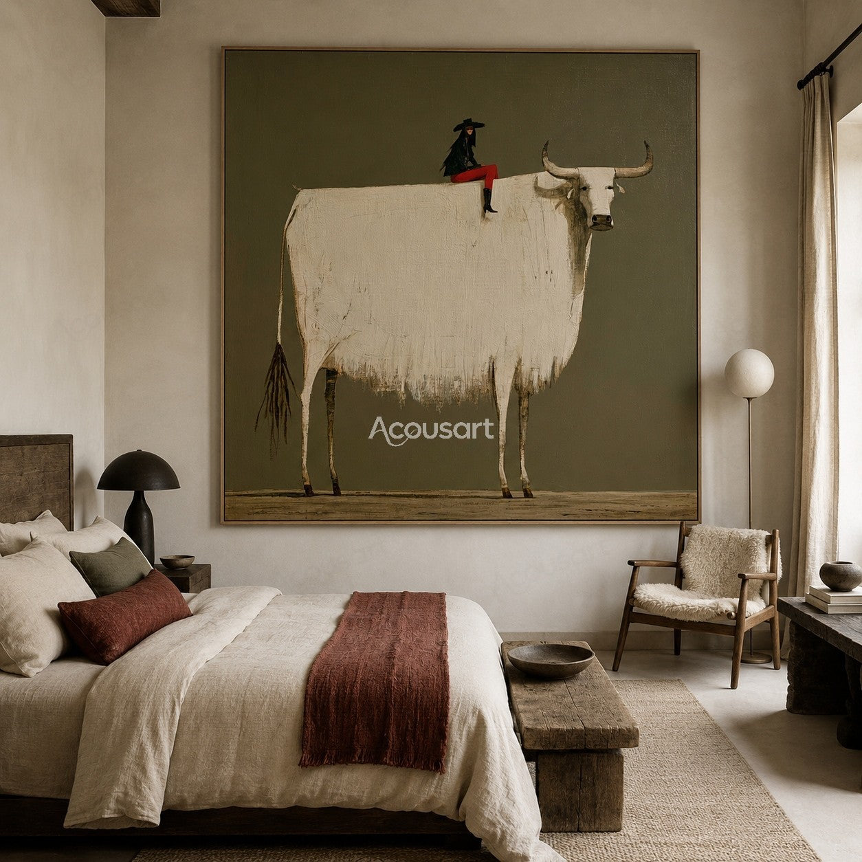 Minimalist white longhorn cow wall art with rider in red outfit and black hat on olive green background