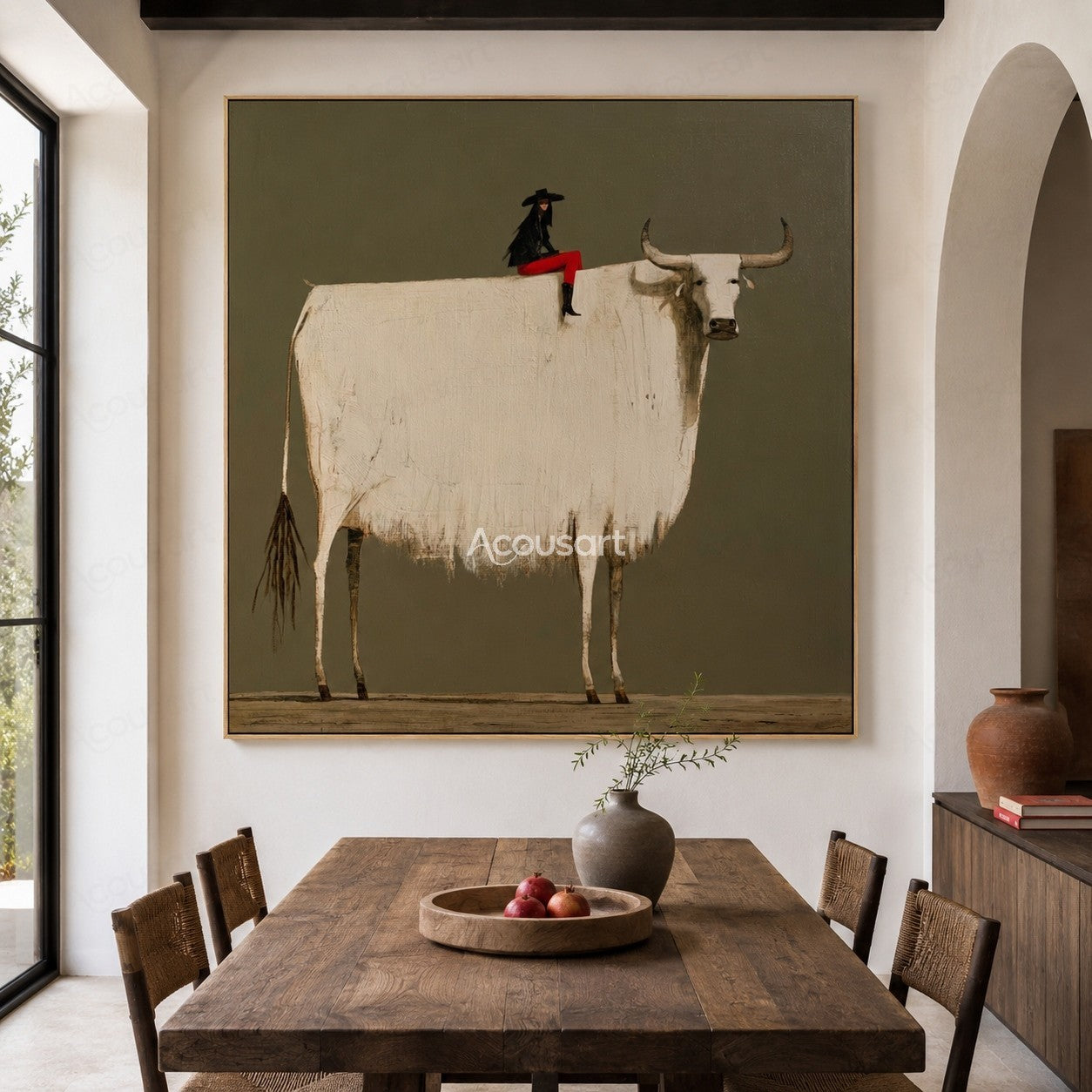 Minimalist white longhorn cow wall art with rider in red outfit and black hat on olive green background