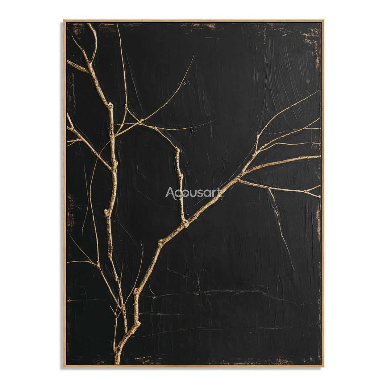 Black botanical wall art with golden tree branches and textured dark background
