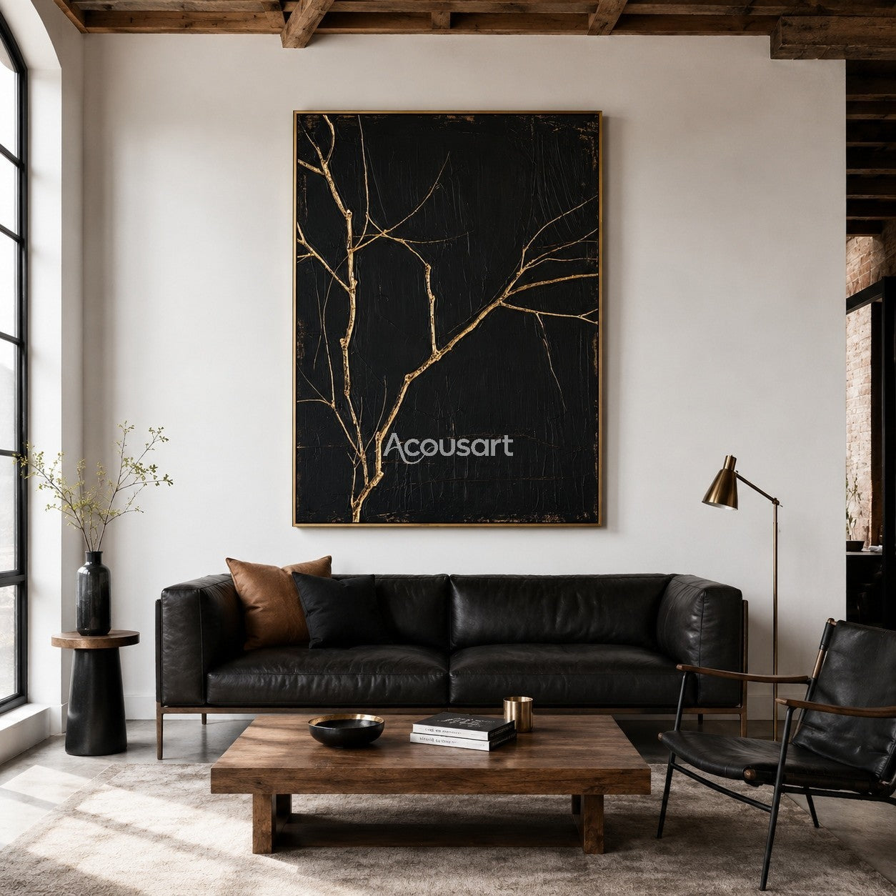 Black botanical wall art with golden tree branches and textured dark background