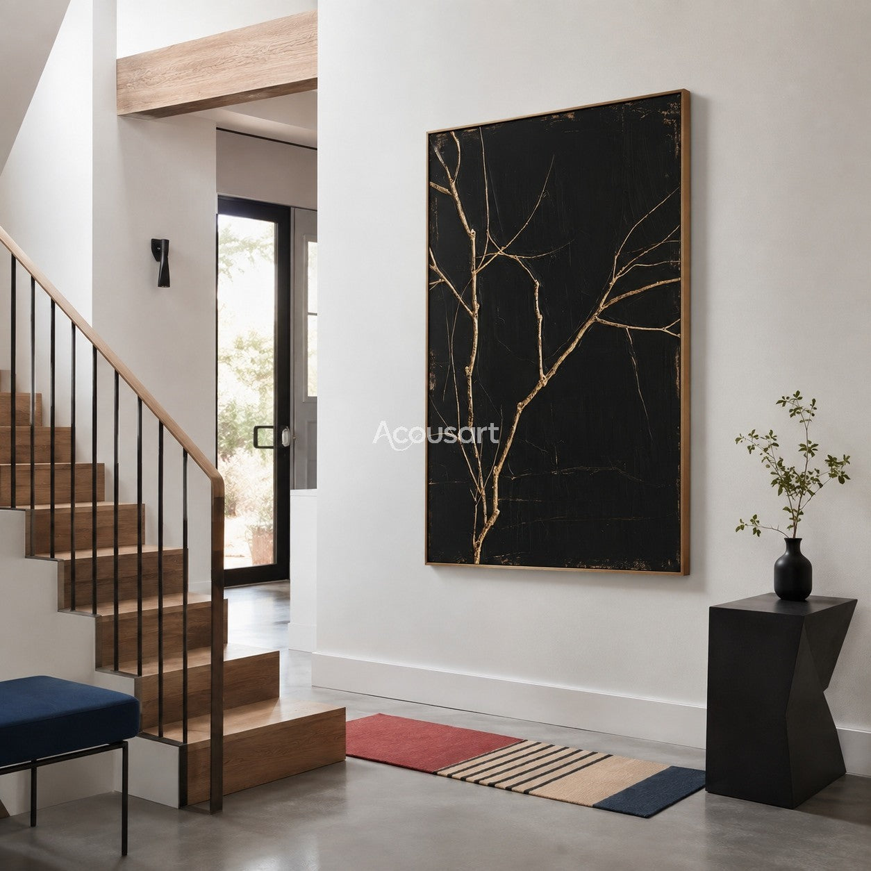 Black botanical wall art with golden tree branches and textured dark background