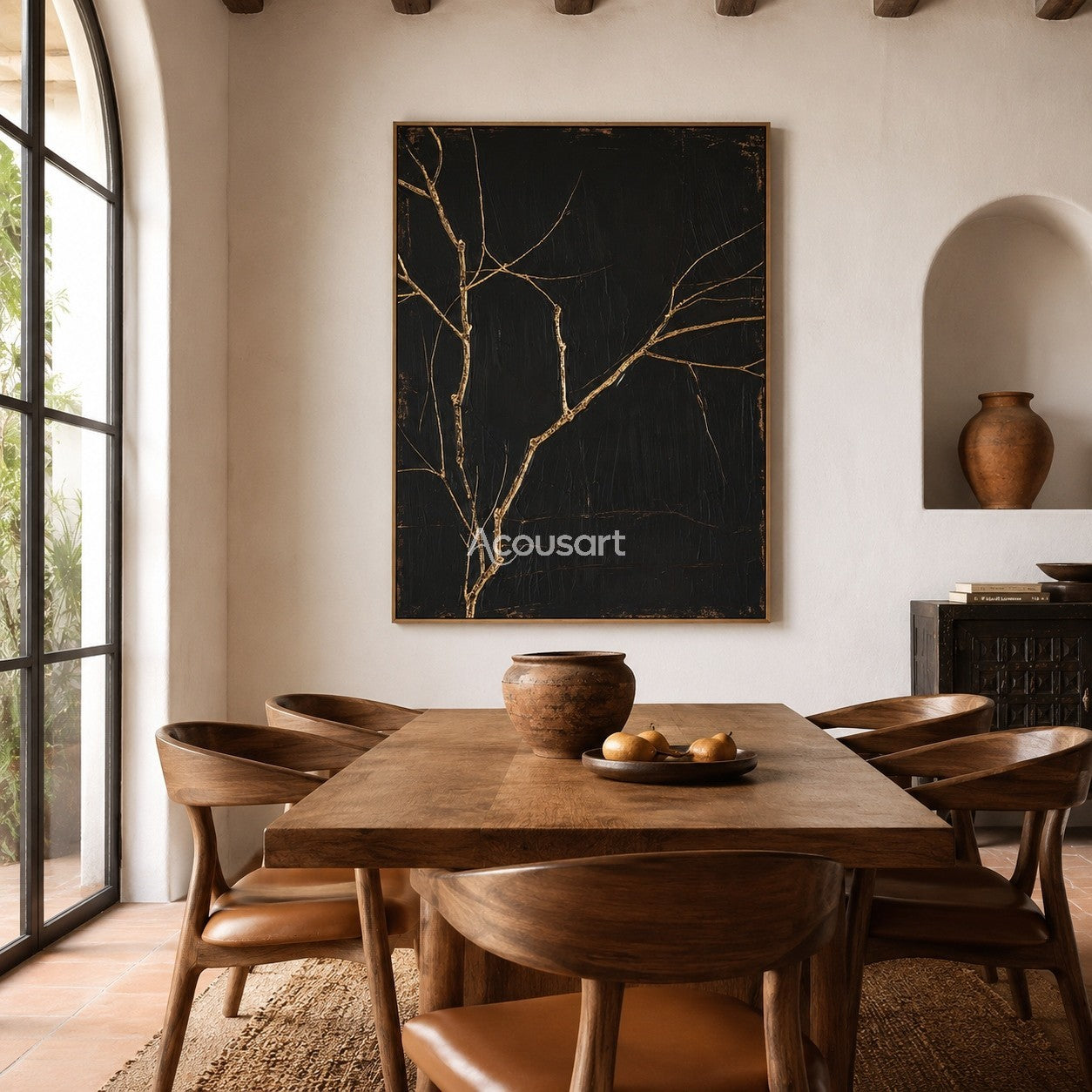 Black botanical wall art with golden tree branches and textured dark background