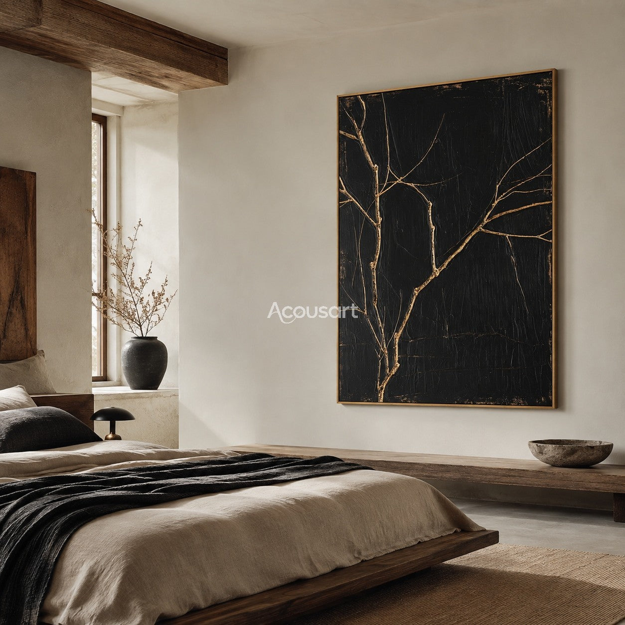 Black botanical wall art with golden tree branches and textured dark background