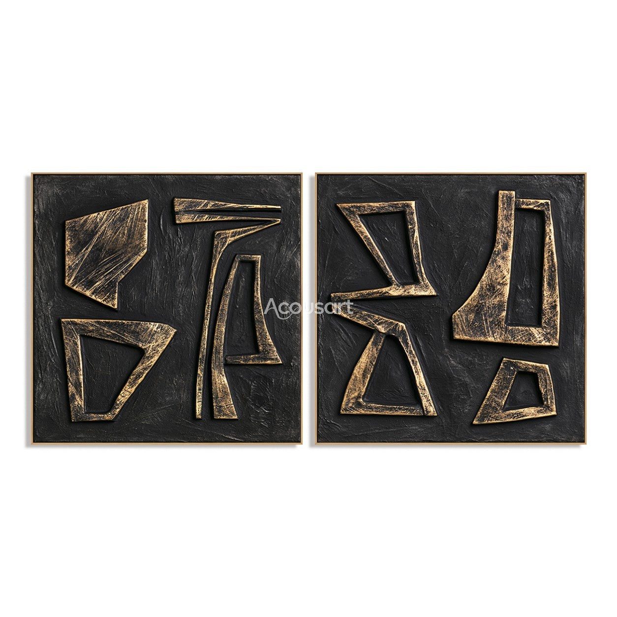 Black and gold geometric diptych wall art with textured abstract shapes