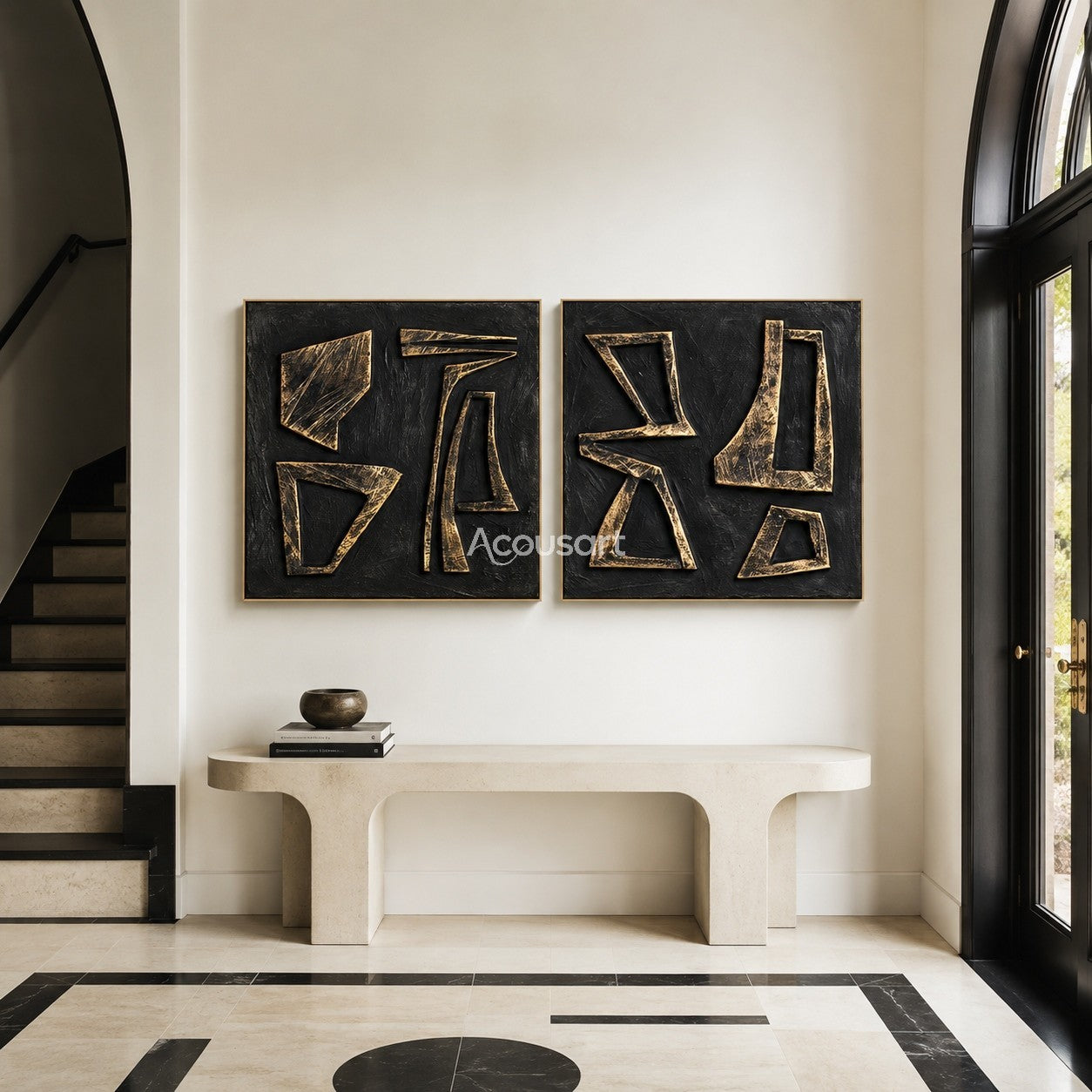 Black and gold geometric diptych wall art with textured abstract shapes