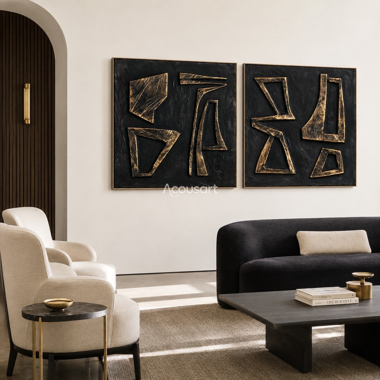 Black and gold geometric diptych wall art with textured abstract shapes