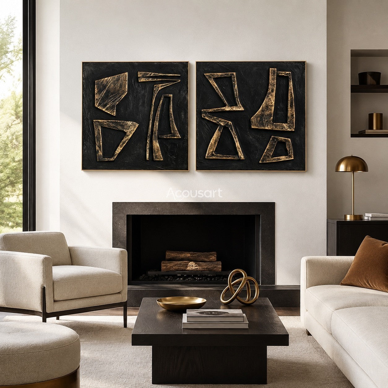 Black and gold geometric diptych wall art with textured abstract shapes