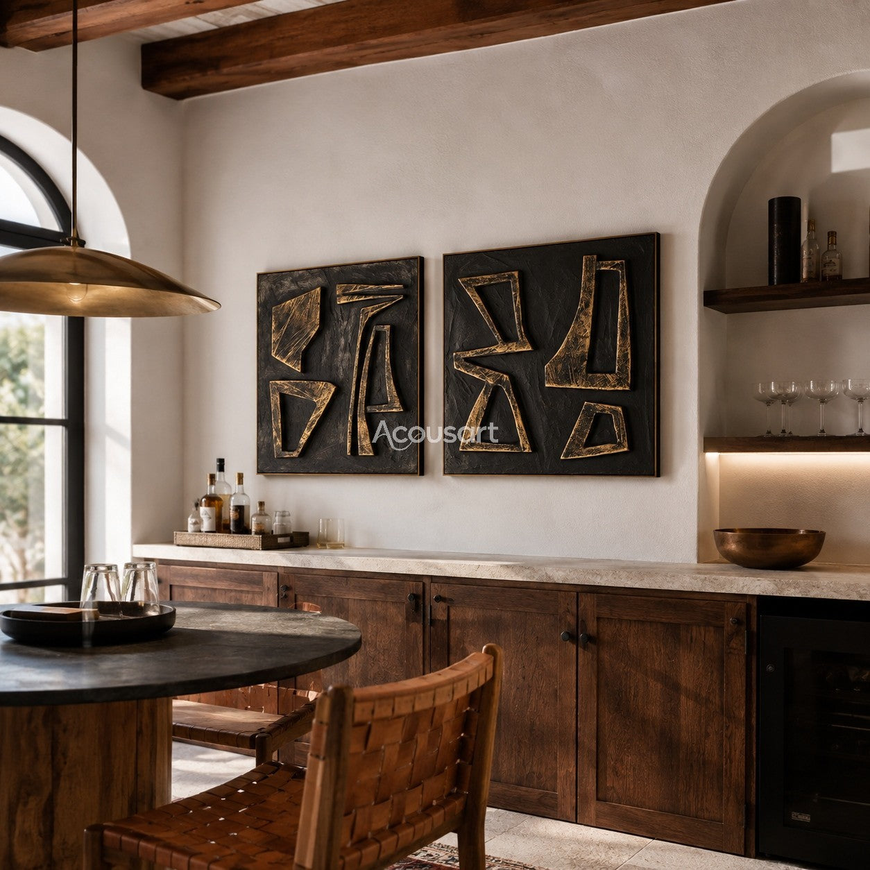 Black and gold geometric diptych wall art with textured abstract shapes