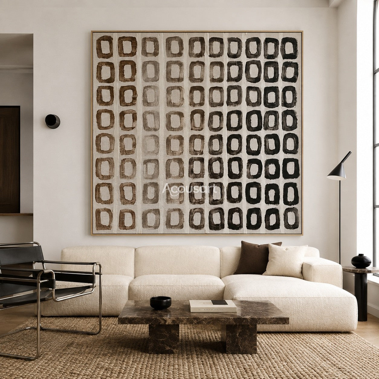 Neutral abstract wall art with hand-painted earth tone grid pattern in brown, taupe, and black