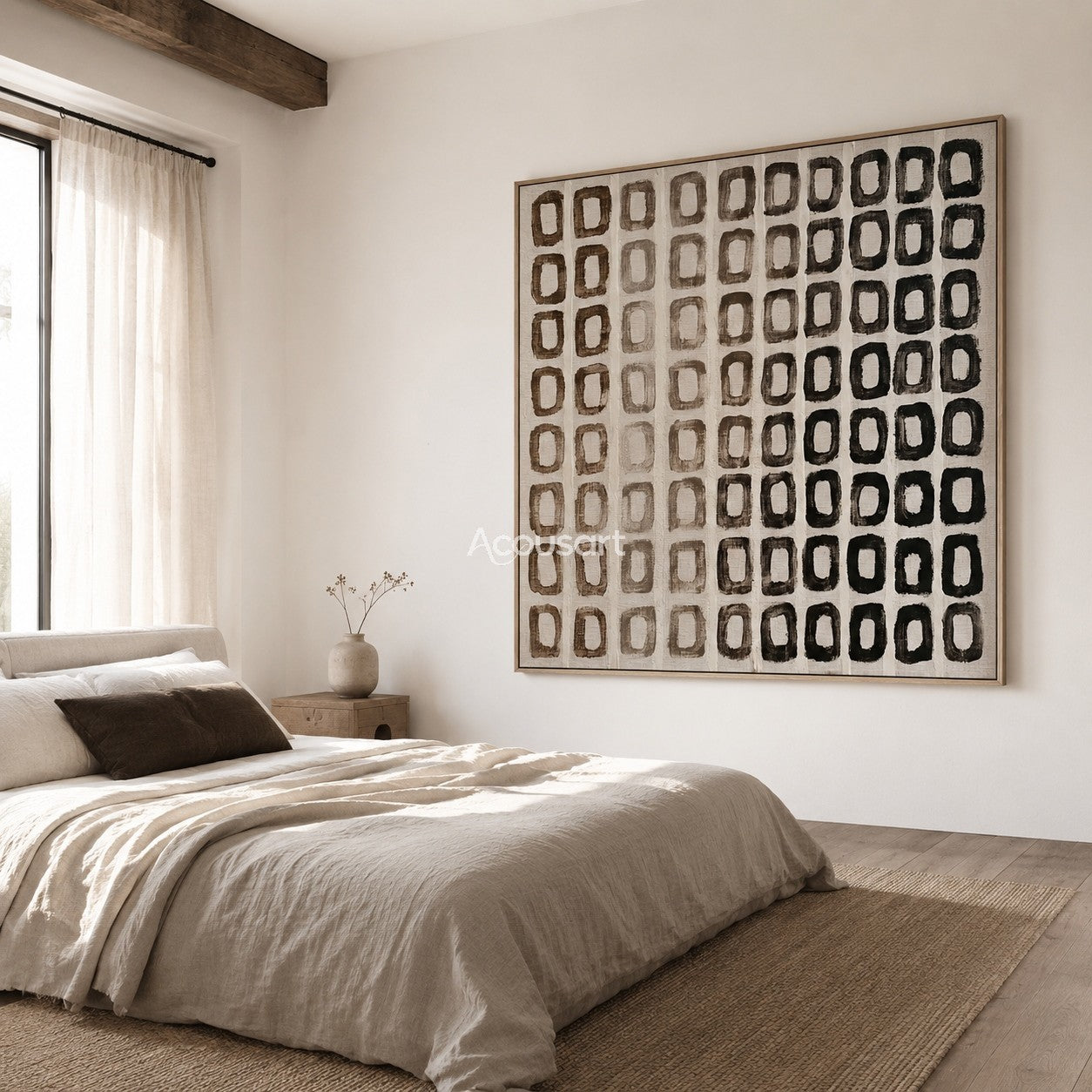 Neutral abstract wall art with hand-painted earth tone grid pattern in brown, taupe, and black