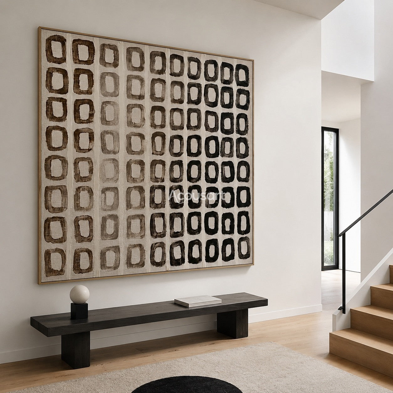 Neutral abstract wall art with hand-painted earth tone grid pattern in brown, taupe, and black