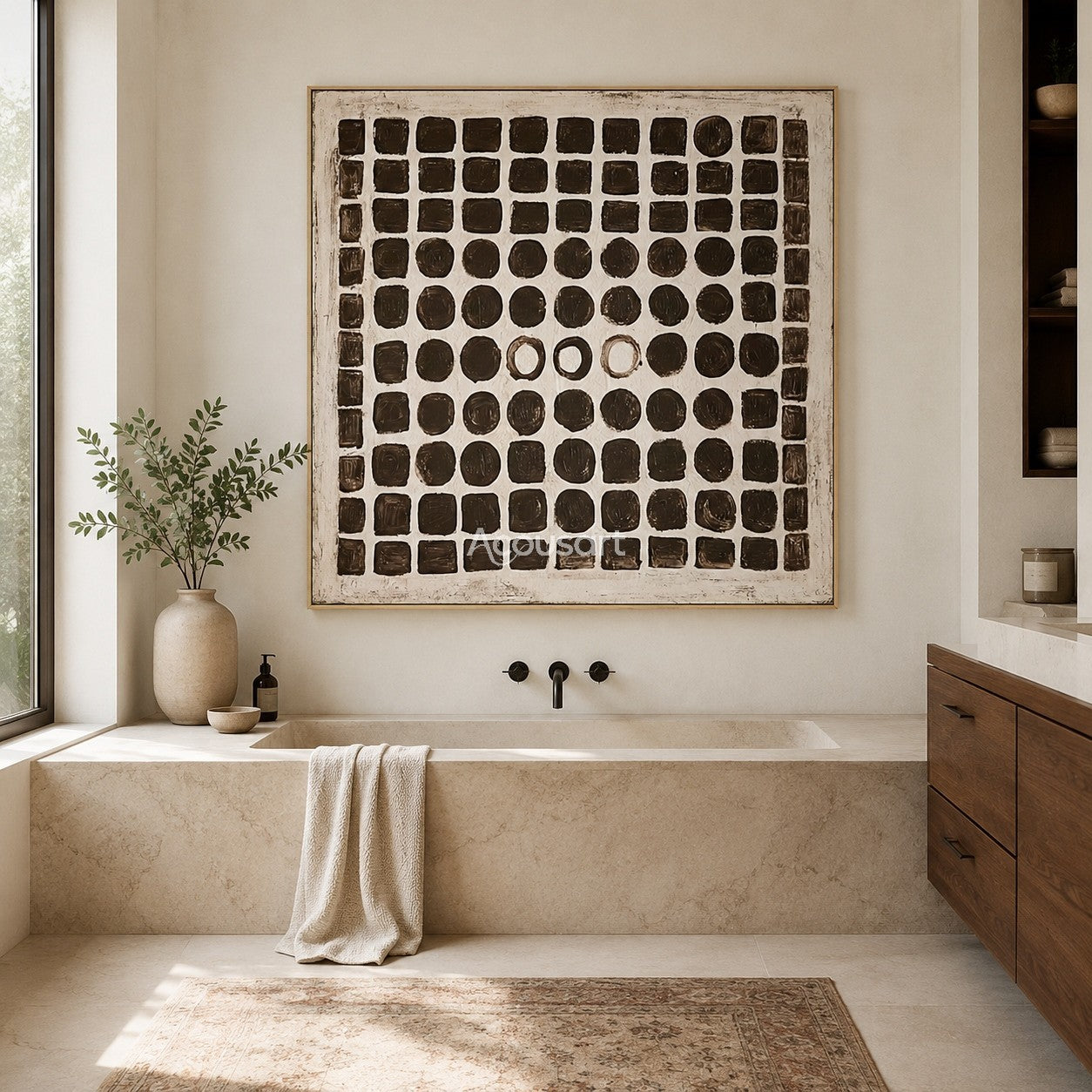 Black and white abstract wall art with hand-painted grid of squares and circles on a neutral background