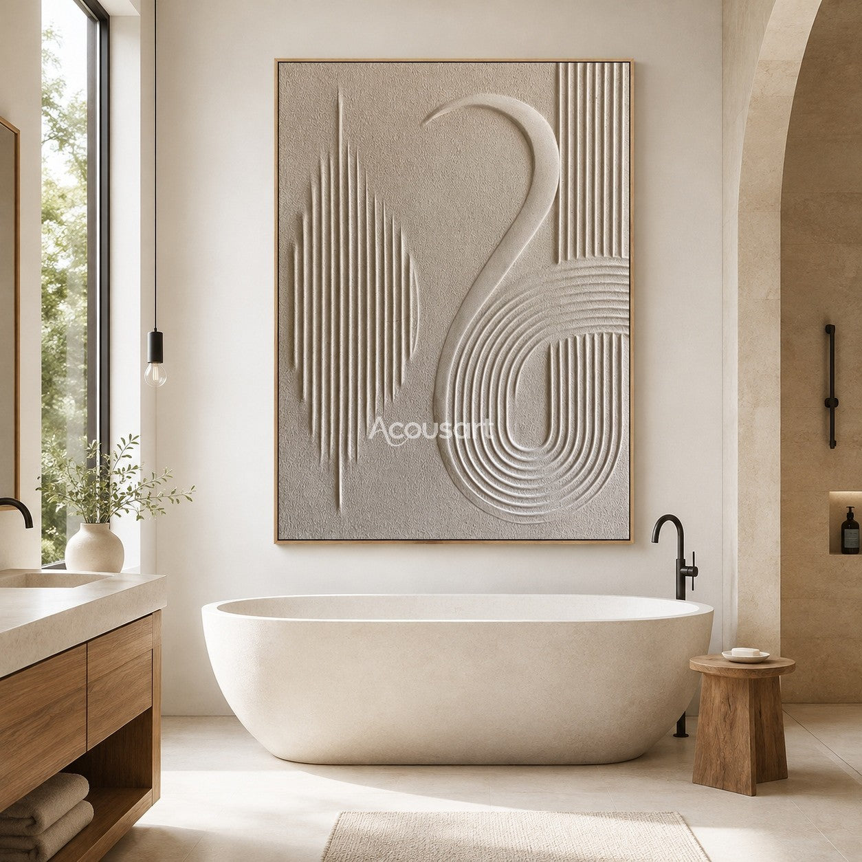 Neutral textured abstract wall art with ivory 3D curved lines and vertical minimalist relief patterns