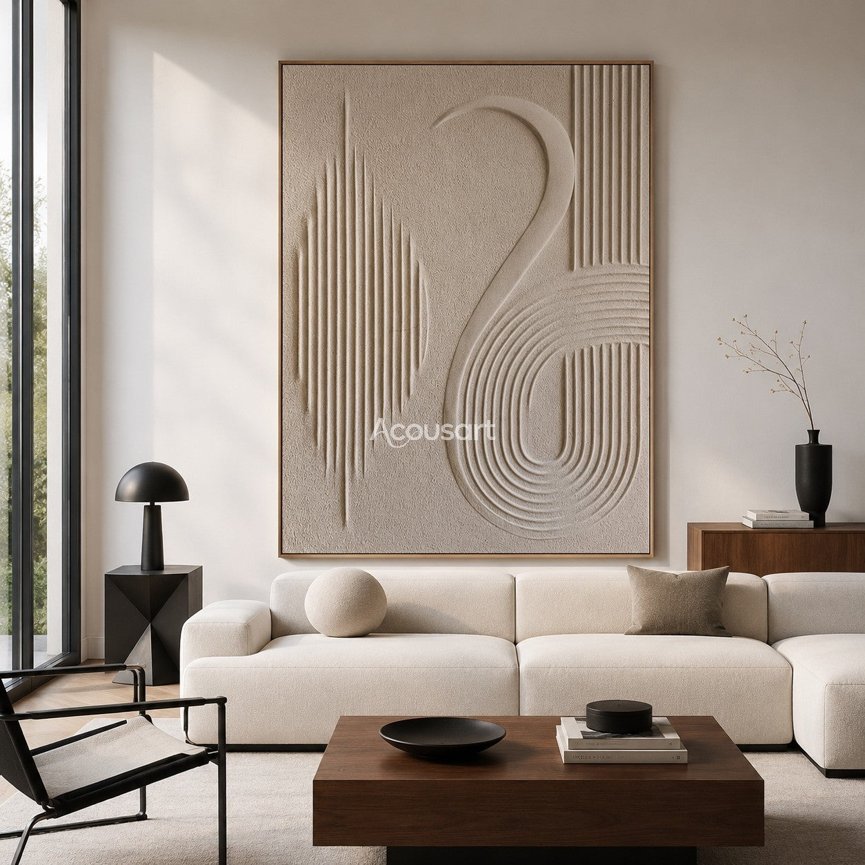 Neutral textured abstract wall art with ivory 3D curved lines and vertical minimalist relief patterns