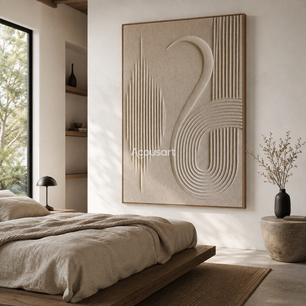 Neutral textured abstract wall art with ivory 3D curved lines and vertical minimalist relief patterns