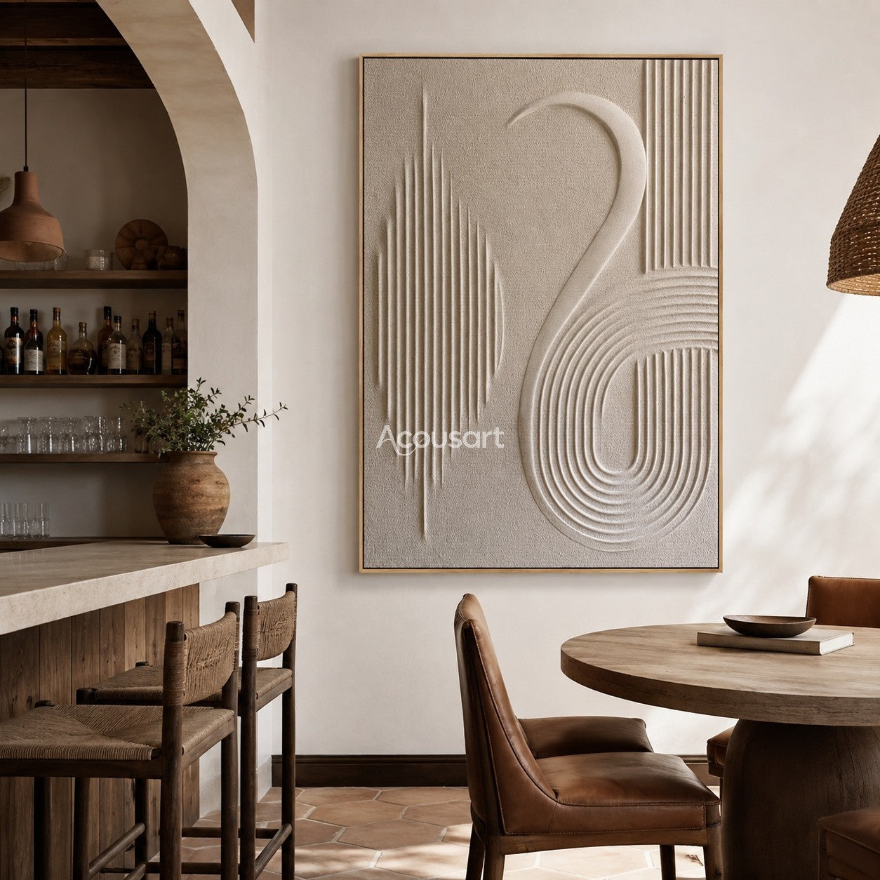 Neutral textured abstract wall art with ivory 3D curved lines and vertical minimalist relief patterns