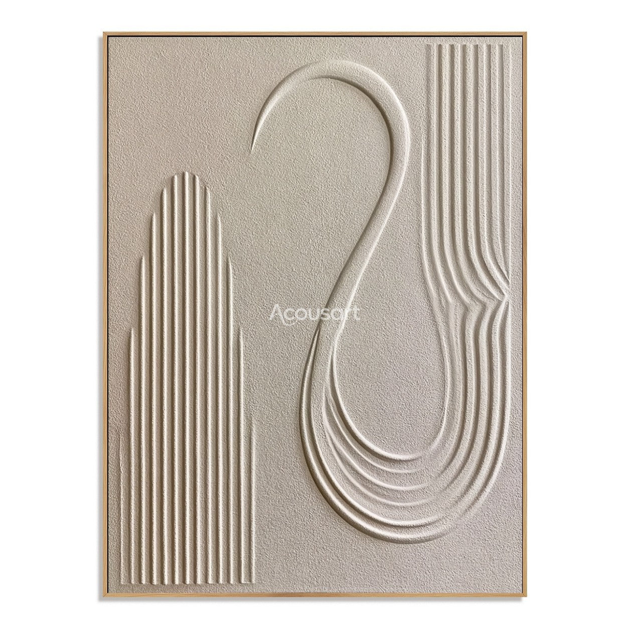 Neutral textured abstract wall art in ivory beige with curved lines and minimalist 3D relief design