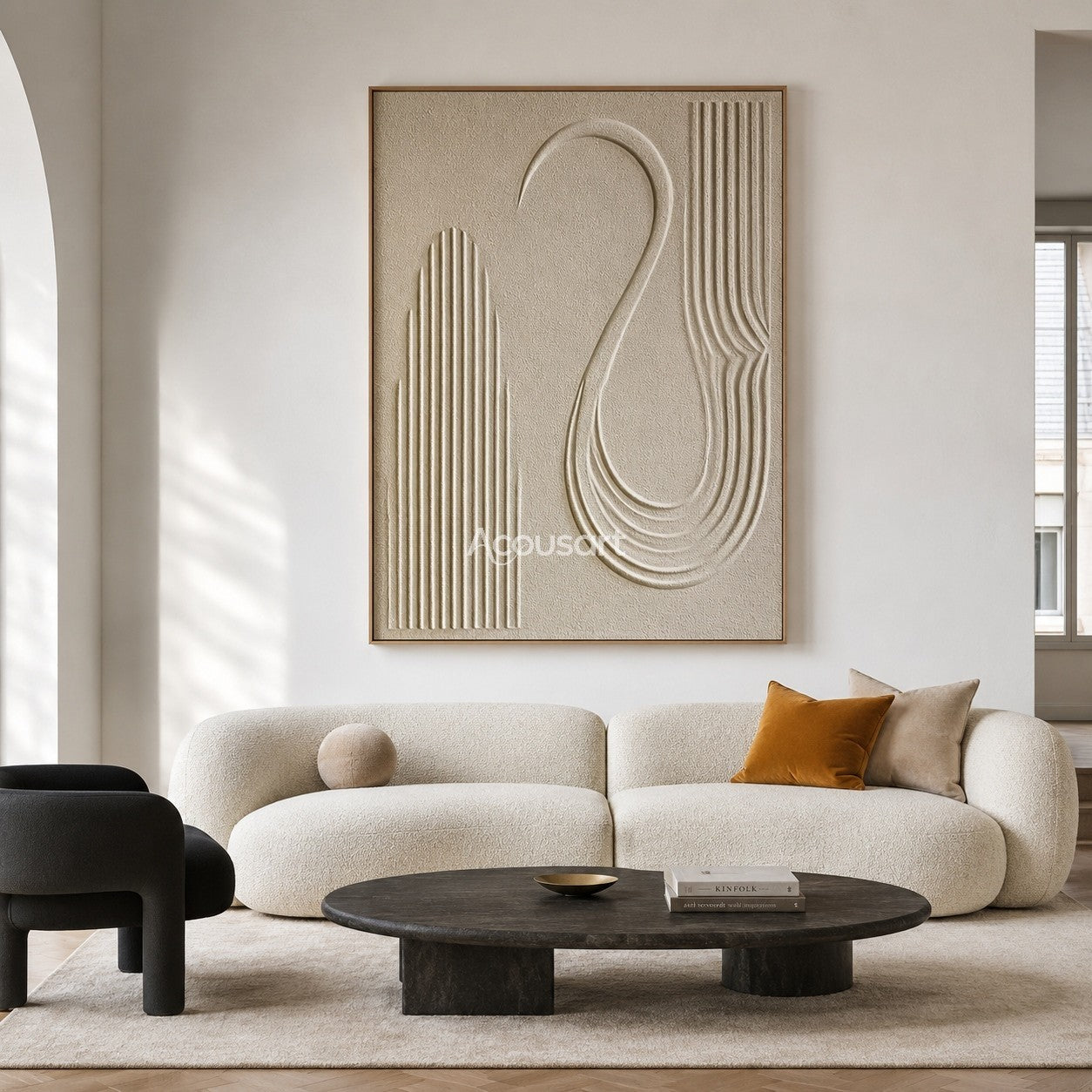 Neutral textured abstract wall art in ivory beige with curved lines and minimalist 3D relief design